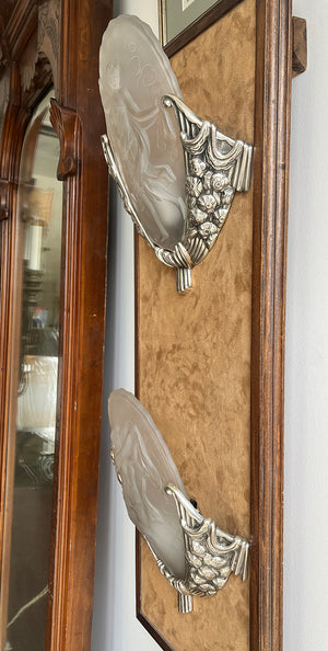 $3200 PAIR - Exquisite Pair of Antique Circa 1925-30 French Art Deco Muller Freres Slip Shade Wall Sconces