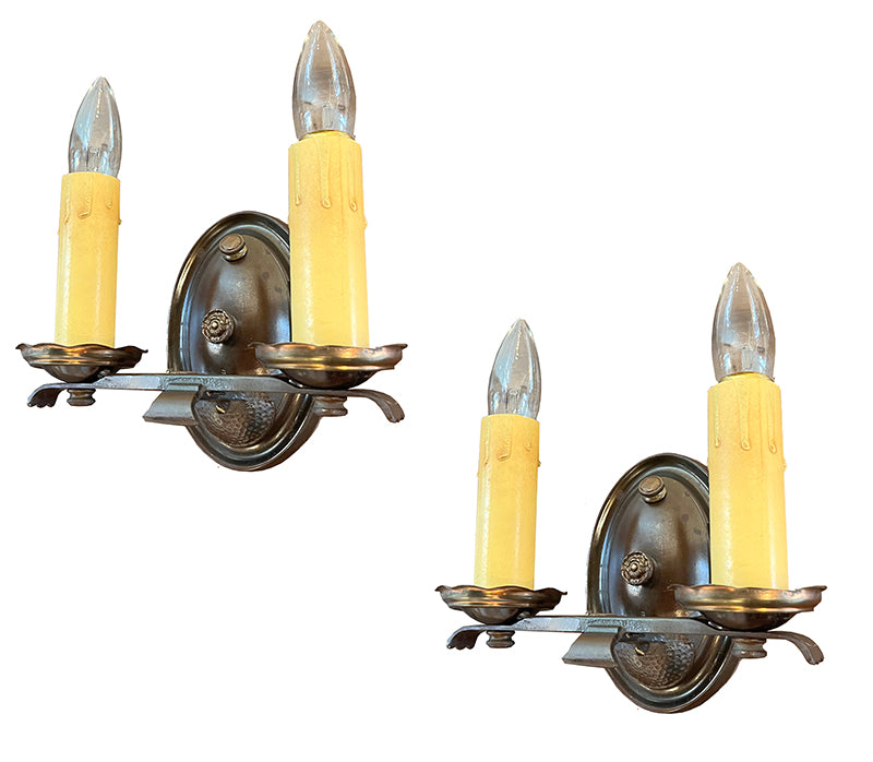 $550 PAIR - Circa 1920 Oval Back Double Light Wall Sconces