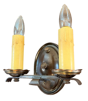 $550 PAIR - Circa 1920 Oval Back Double Light Wall Sconces