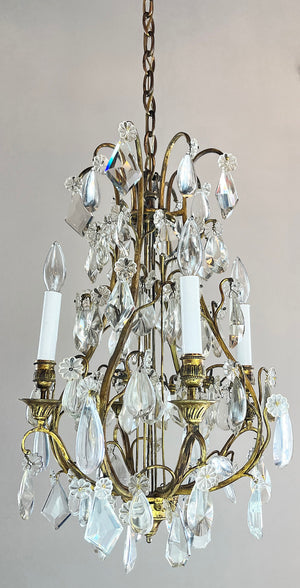 Antique Circa 1920 French Crystal and Ormolu Four Light Chandelier