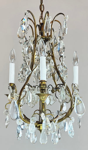 Antique Circa 1920 French Crystal and Ormolu Four Light Chandelier