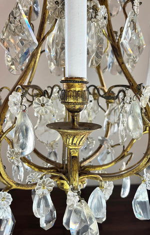 Antique Circa 1920 French Crystal and Ormolu Four Light Chandelier