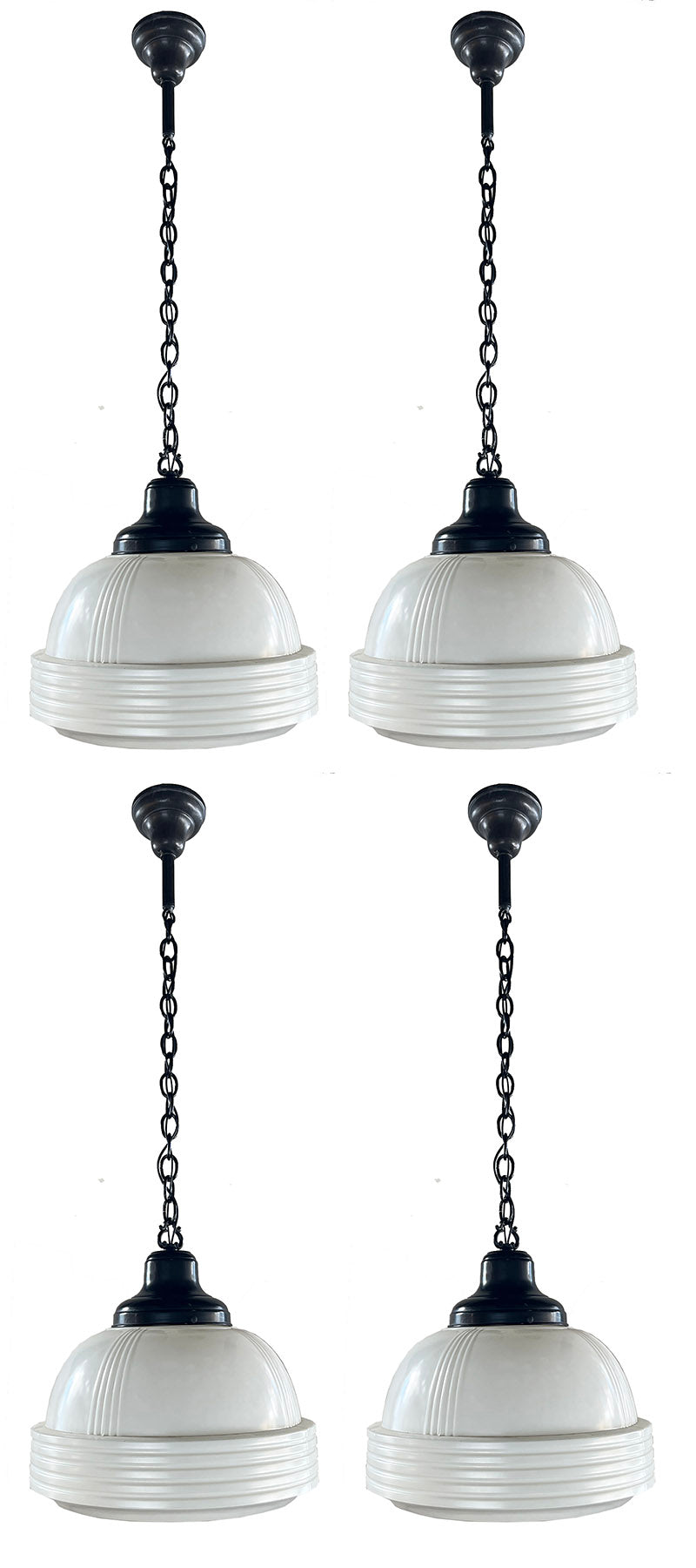 $2000 SET OF 4 - Circa 1930s Art Deco Opal and Louvered Bottom 14" Shades on Original Chain Pendants