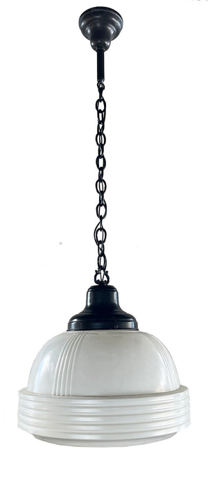 $2000 SET OF 4 - Circa 1930s Art Deco Opal and Louvered Bottom 14" Shades on Original Chain Pendants