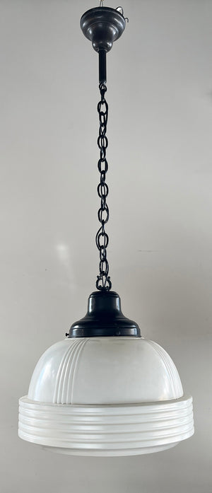 $2000 SET OF 4 - Circa 1930s Art Deco Opal and Louvered Bottom 14" Shades on Original Chain Pendants