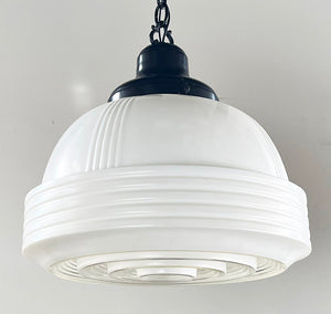 $2000 SET OF 4 - Circa 1930s Art Deco Opal and Louvered Bottom 14" Shades on Original Chain Pendants
