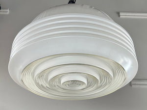 $2000 SET OF 4 - Circa 1930s Art Deco Opal and Louvered Bottom 14" Shades on Original Chain Pendants