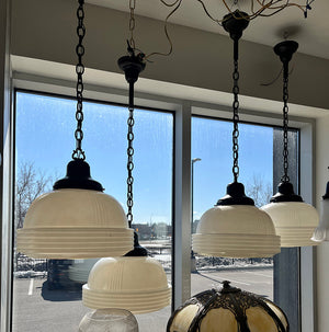 $2000 SET OF 4 - Circa 1930s Art Deco Opal and Louvered Bottom 14" Shades on Original Chain Pendants