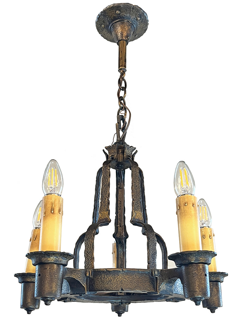 Antique Circa 1920 Hammered Arts and Crafts Five Light Chandelier