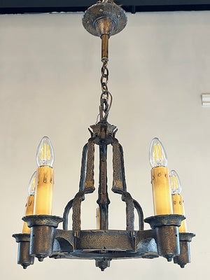 Antique Circa 1920 Hammered Arts and Crafts Five Light Chandelier