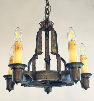 Antique Circa 1920 Hammered Arts and Crafts Five Light Chandelier