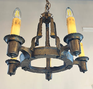 Antique Circa 1920 Hammered Arts and Crafts Five Light Chandelier
