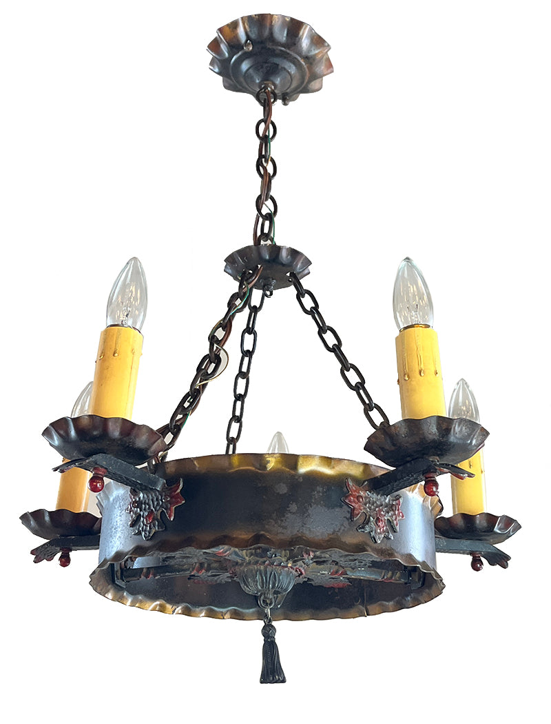 Antique Circa 1930 Spanish Revival Five Light Poly Chrome and Wrought Iron Chandelier