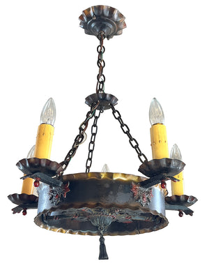 Antique Circa 1930 Spanish Revival Five Light Poly Chrome and Wrought Iron Chandelier
