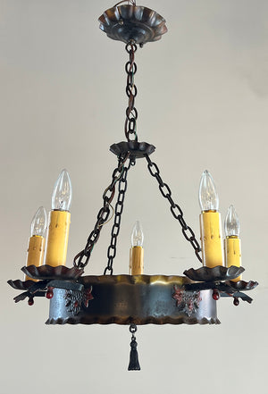 Antique Circa 1930 Spanish Revival Five Light Poly Chrome and Wrought Iron Chandelier