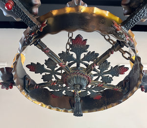 Antique Circa 1930 Spanish Revival Five Light Poly Chrome and Wrought Iron Chandelier