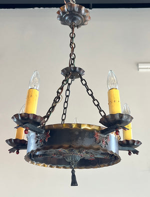 Antique Circa 1930 Spanish Revival Five Light Poly Chrome and Wrought Iron Chandelier