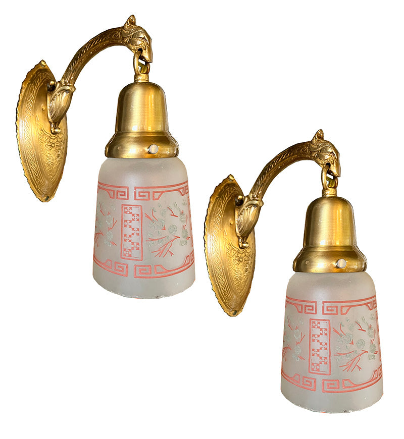 $650 PAIR - Antique Circa 1930 Art Deco Asian Dragon Head Sconces with Original Etched Shades