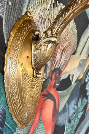 $650 PAIR - Antique Circa 1930 Art Deco Asian Dragon Head Sconces with Original Etched Shades