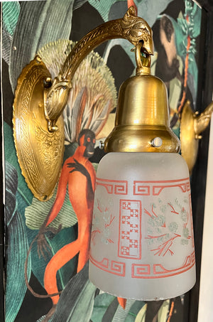 $650 PAIR - Antique Circa 1930 Art Deco Asian Dragon Head Sconces with Original Etched Shades