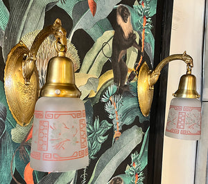 $650 PAIR - Antique Circa 1930 Art Deco Asian Dragon Head Sconces with Original Etched Shades
