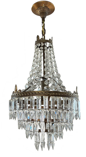 Antique Circa 1930a Petite Empire Wedding Cake Brass and Crystal Chandelier