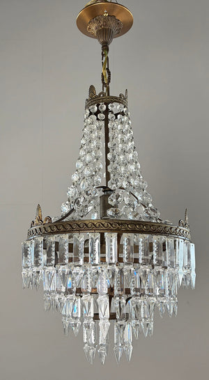 Antique Circa 1930a Petite Empire Wedding Cake Brass and Crystal Chandelier