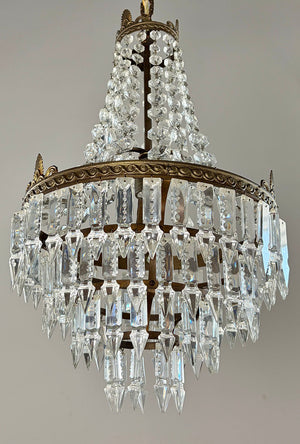 Antique Circa 1930a Petite Empire Wedding Cake Brass and Crystal Chandelier