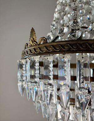 Antique Circa 1930a Petite Empire Wedding Cake Brass and Crystal Chandelier