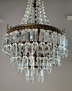 Antique Circa 1930a Petite Empire Wedding Cake Brass and Crystal Chandelier