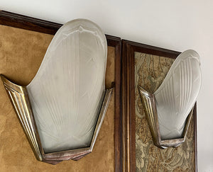 $1200 PAIR - $2400 SET OF 4 - Antique Circa 1930 Large Bronze French Art Deco Slip Shade Wall Sconces