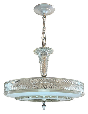 Antique Circa 1930 Art Deco Opal and Clear Pressed Glass Dome with Palm Leaf Border