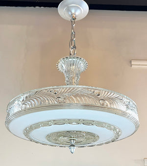 Antique Circa 1930 Art Deco Opal and Clear Pressed Glass Dome with Palm Leaf Border