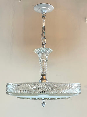 Antique Circa 1930 Art Deco Opal and Clear Pressed Glass Dome with Palm Leaf Border