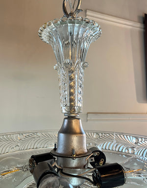 Antique Circa 1930 Art Deco Opal and Clear Pressed Glass Dome with Palm Leaf Border