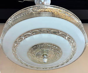 Antique Circa 1930 Art Deco Opal and Clear Pressed Glass Dome with Palm Leaf Border