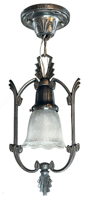 Antique Circa 1930 Art Deco Hoop Light With Antique Holophane Shade