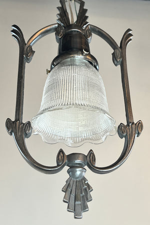 Antique Circa 1930 Art Deco Hoop Light With Antique Holophane Shade