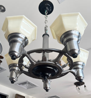 Antique Circa 1930 Machine Age Art Deco Five Light Pudding Bowl Fixture