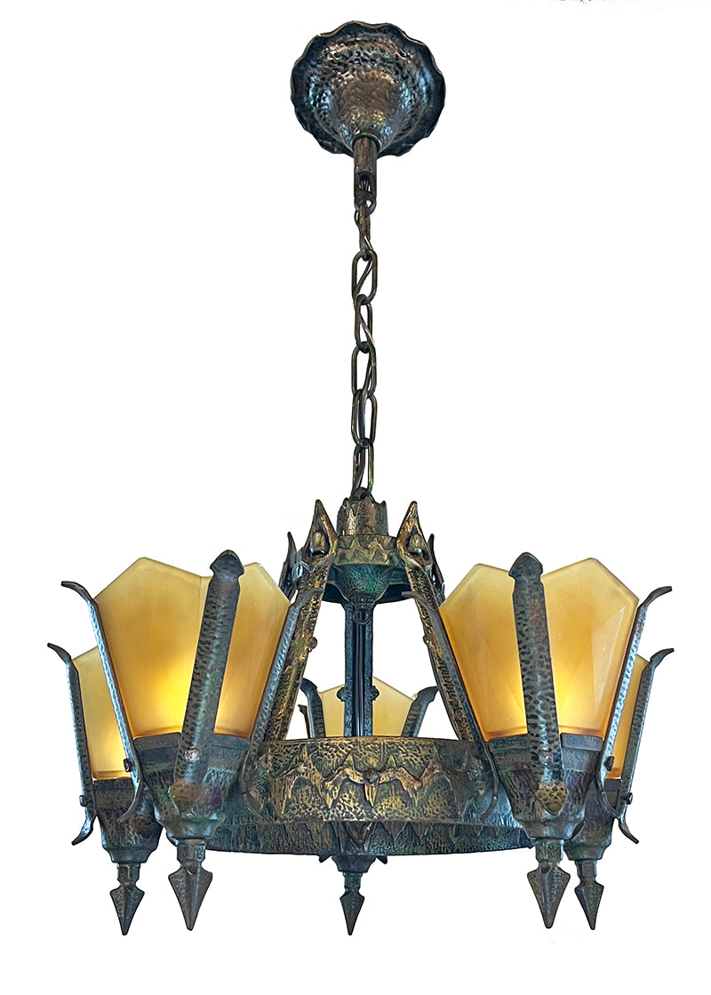 Antique Circa 1930 Arts and Crafts Art Deco Inspired Five Light Chandelier