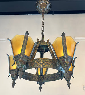 Antique Circa 1930 Arts and Crafts Art Deco Inspired Five Light Chandelier