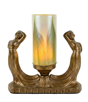 Antique Circa 1930 Art Deco Figural Radio Lamp with Signed Lundberg Art Glass Shade