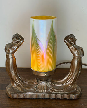 Antique Circa 1930 Art Deco Figural Radio Lamp with Signed Lundberg Art Glass Shade