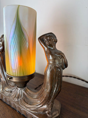 Antique Circa 1930 Art Deco Figural Radio Lamp with Signed Lundberg Art Glass Shade