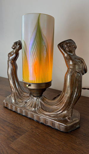 Antique Circa 1930 Art Deco Figural Radio Lamp with Signed Lundberg Art Glass Shade