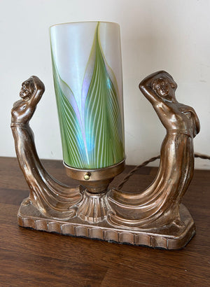 Antique Circa 1930 Art Deco Figural Radio Lamp with Signed Lundberg Art Glass Shade