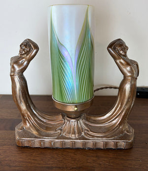 Antique Circa 1930 Art Deco Figural Radio Lamp with Signed Lundberg Art Glass Shade