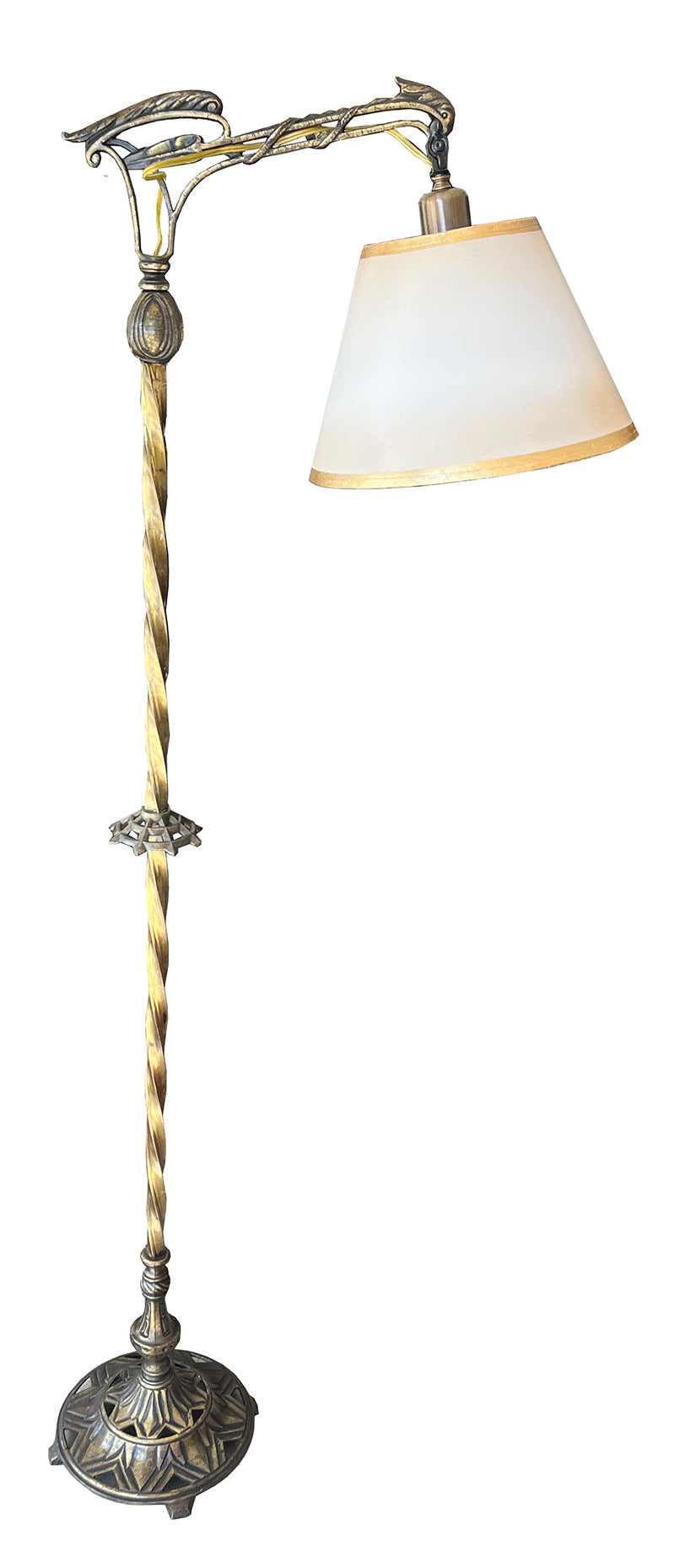 Antique CIrca 1930 Art Deco Bridge Arm Lamp with Original Brass Finish and Gold Leaf Border Shade