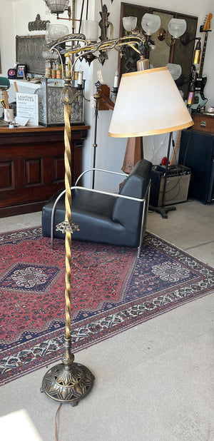Antique CIrca 1930 Art Deco Bridge Arm Lamp with Original Brass Finish and Gold Leaf Border Shade