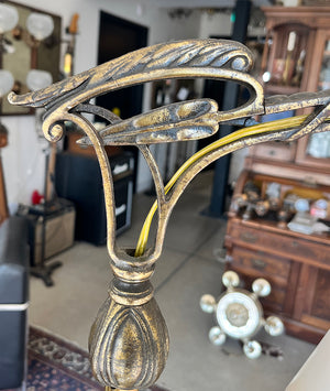 Antique CIrca 1930 Art Deco Bridge Arm Lamp with Original Brass Finish and Gold Leaf Border Shade